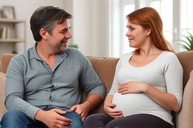 Supportive husband listening to his pregnant wife, emphasizing empathy.