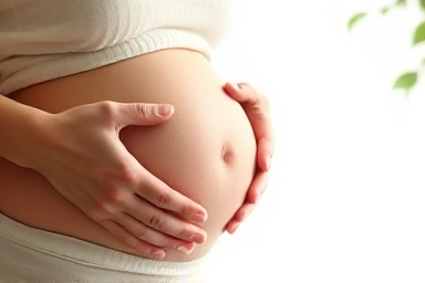 Pregnant woman, healthy fetus, protective embrace, serene atmosphere.