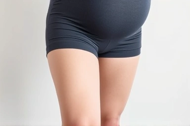 Detailed view of compression stocking's pressure effect on pregnant legs.