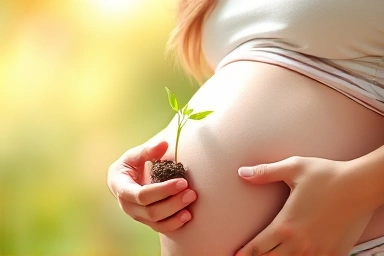 Pregnant woman nurturing a plant sprout, symbolizing healthy fetal development.