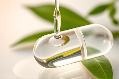 Pure plant-based omega-3 liquid transforming into a safe, easy-to-swallow capsule.