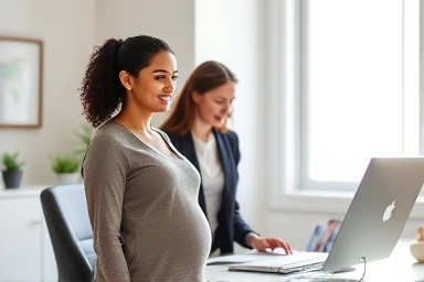 Pregnant woman working in a supportive office environment.