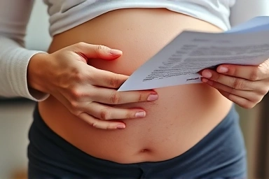 Pregnant woman holding document, symbolizing work rights.