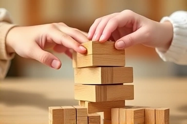 Hands building together with toy blocks, symbolizing teamwork and cooperation.