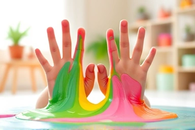 Child's hands playing with safe, colorful slime in a bright playroom.