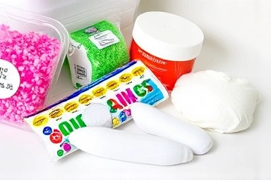 Safe slime-making kit ingredients: glitter, beads, and slime bases.