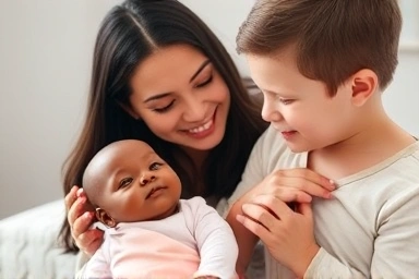 Mother reassures older child with baby doll, preparing for sibling.