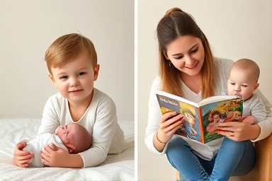 Harmonious sibling transition: playing together and reading about family.