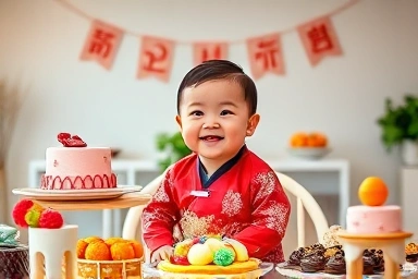 Beautiful Korean Dol Sang with baby and traditional decorations