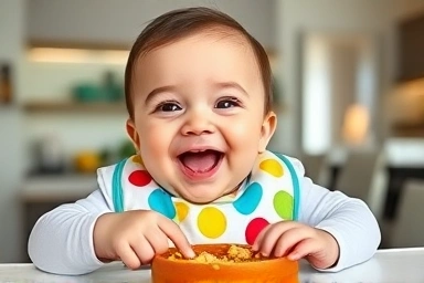 Baby happily eating with a functional self-feeding bib.