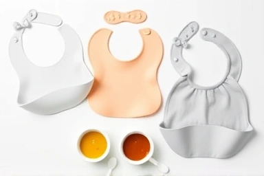 Variety of self-feeding baby bibs arranged neatly.
