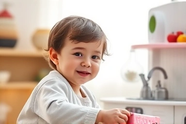Child happily playing with a toy kitchen set.