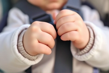 Baby's hands on stroller safety strap, secure connection