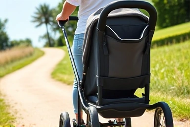 Parent pushing secure stroller on a path