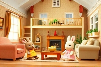 Sylvanian Families playing joyfully in their detailed two-story house.