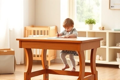 Toddler desk with child drawing, safe and creative space