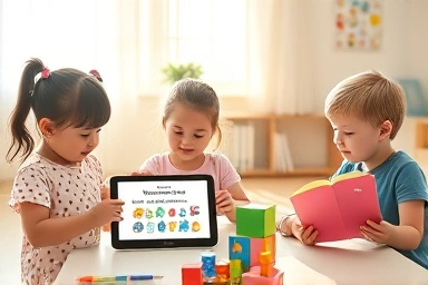 Children learning and playing happily in a bright classroom.