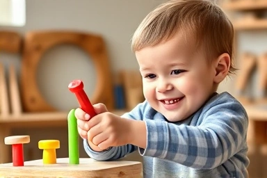 Child playing with wooden toy tools on a workbench.