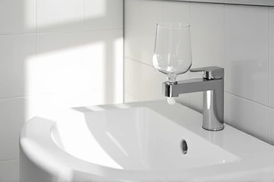 Hygienic toothbrush holder and cup in a clean bathroom.