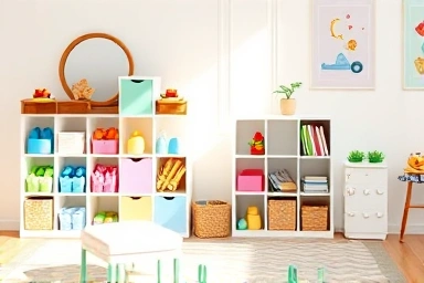 Children's playroom with organized toy storage solutions.