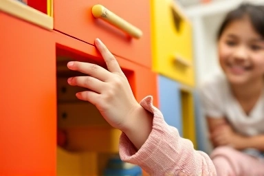 Child easily accessing toys from organized storage.