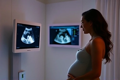 Pregnant woman viewing ultrasound, fetal development, medical scan.