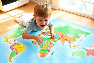 Child playing with world map puzzle, learning geography