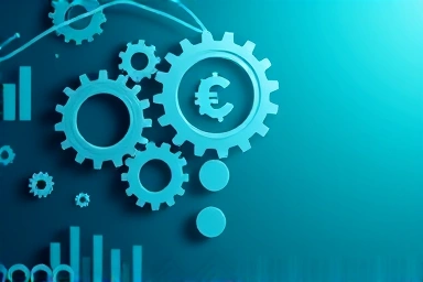 Abstract financial gears and symbols forming a question mark.