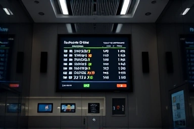 Modern bank interior with global currency exchange data display.