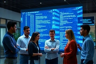 Professionals collaborating on futuristic technology display