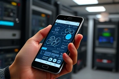 Close-up of hand with smartphone showing network data.