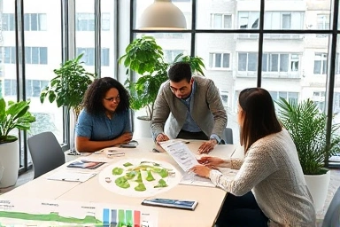 Environmental professionals collaborating on sustainability strategies in a modern office.