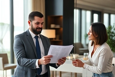 Financial planner presenting to client, high net worth individual, modern office.