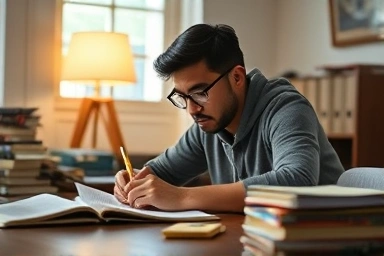 Civil servant retaker studying with determination and focus.