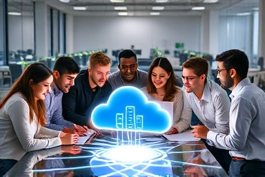 IT professionals collaborating with cloud technology hologram