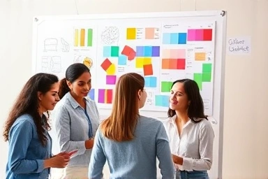 Diverse professionals collaborating on color mood board