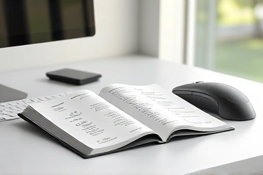 Desk with textbook and computer mouse for studying.