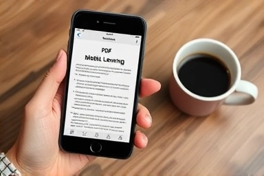 Hand holding smartphone with PDF document for mobile learning.