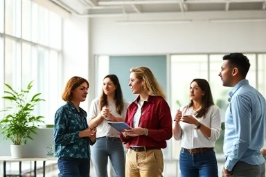 Professionals collaborating with AI visualizations in a modern office.
