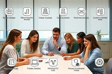 Professionals collaborating with digital skill icons.