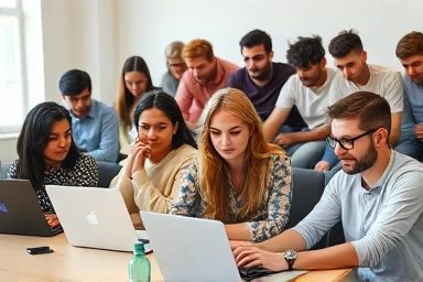 Diverse individuals learning online, symbolizing accessibility.