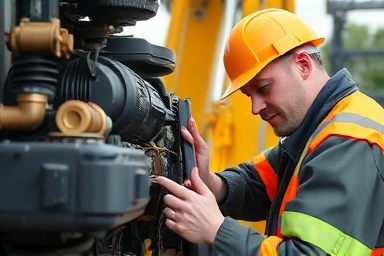 Technician inspecting excavator engine, construction site.