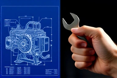 Construction machinery blueprint and wrench, symbolizing repair.