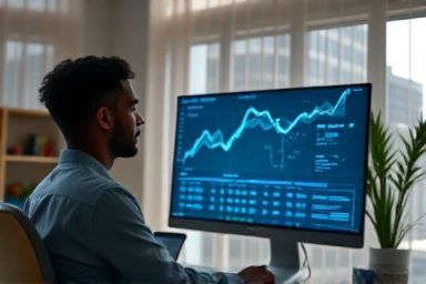 AI expert working remotely, data visualization, modern home office.