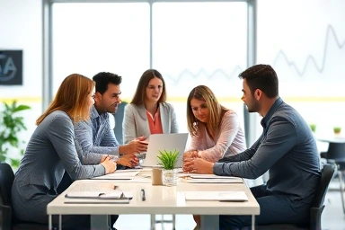 Financial professionals collaborating in a modern office.