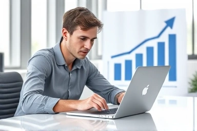 Office worker studying financial charts for career advancement.