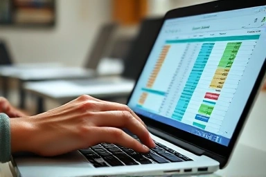 Hands using spreadsheet software for certification exam.