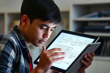 Student studying electrical engineering electromagnetism on tablet
