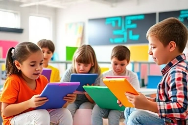 Children learning coding in a modern classroom