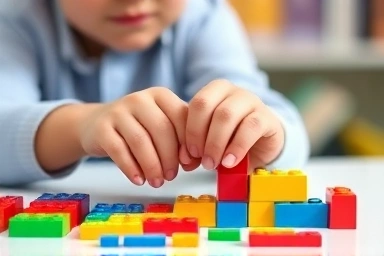 Child's hands building with coding blocks